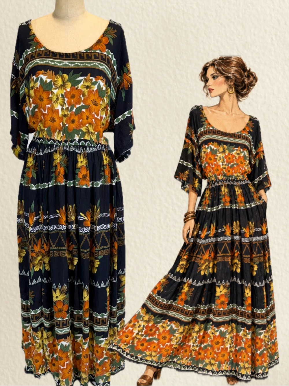 VINTAGE 90s bohemian autumn woodland dress long maxi short sleeve flowy loose XL